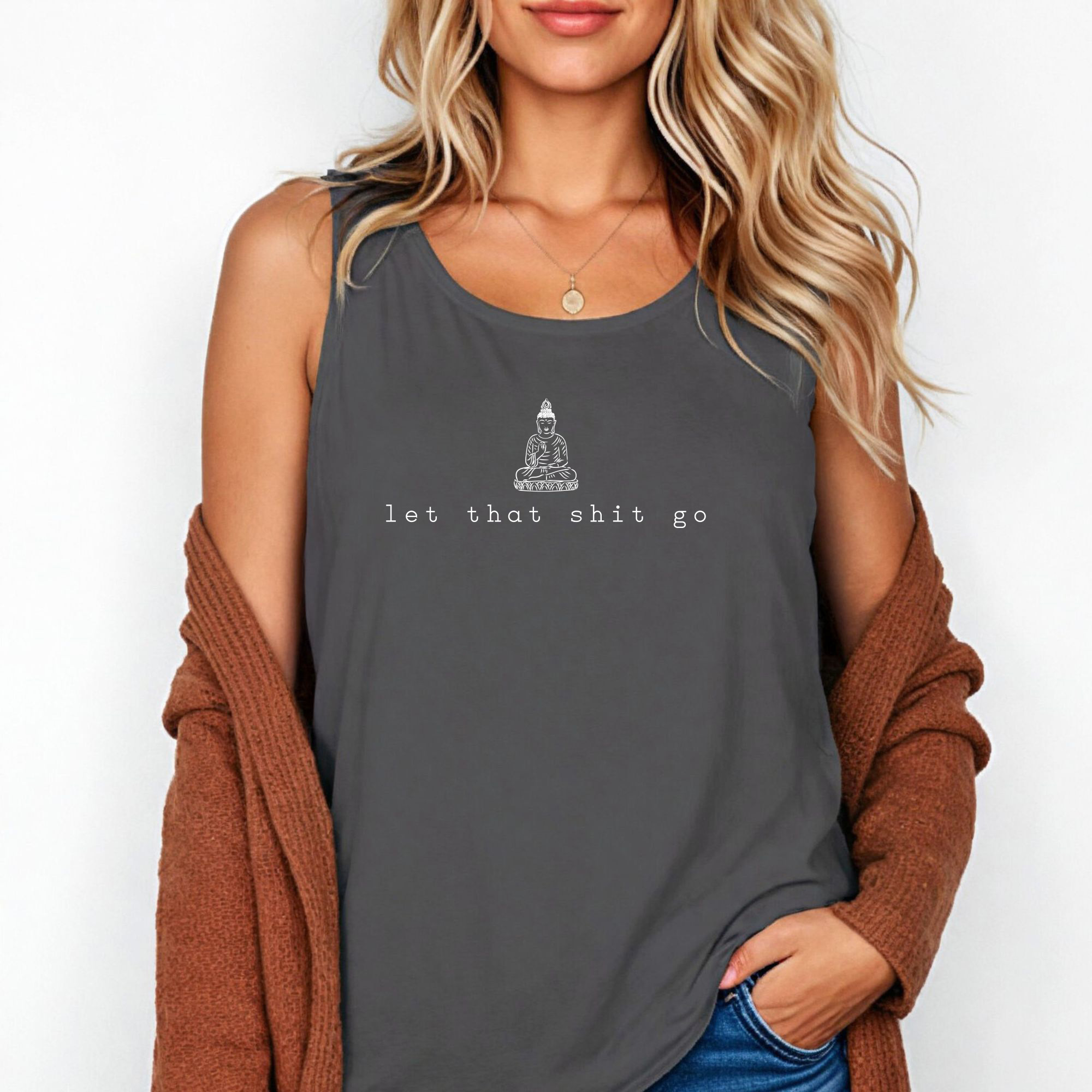 Let that shit go tank top | small buddha graphic, minimalist zen design - Image 4