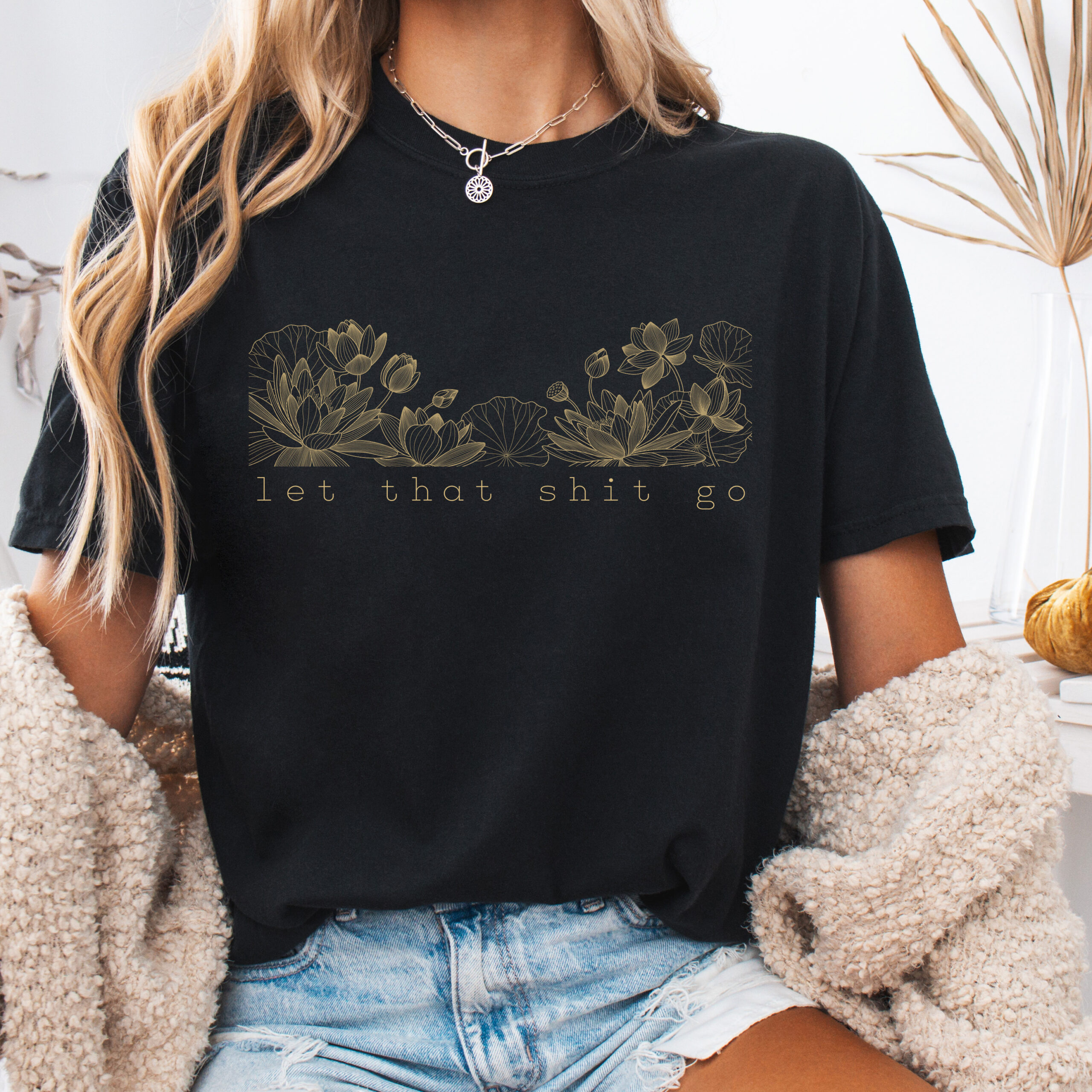 Let That Shit Go Vintage Floral Sketch T-Shirt | Botanical Line Art, Lotus - Image 3