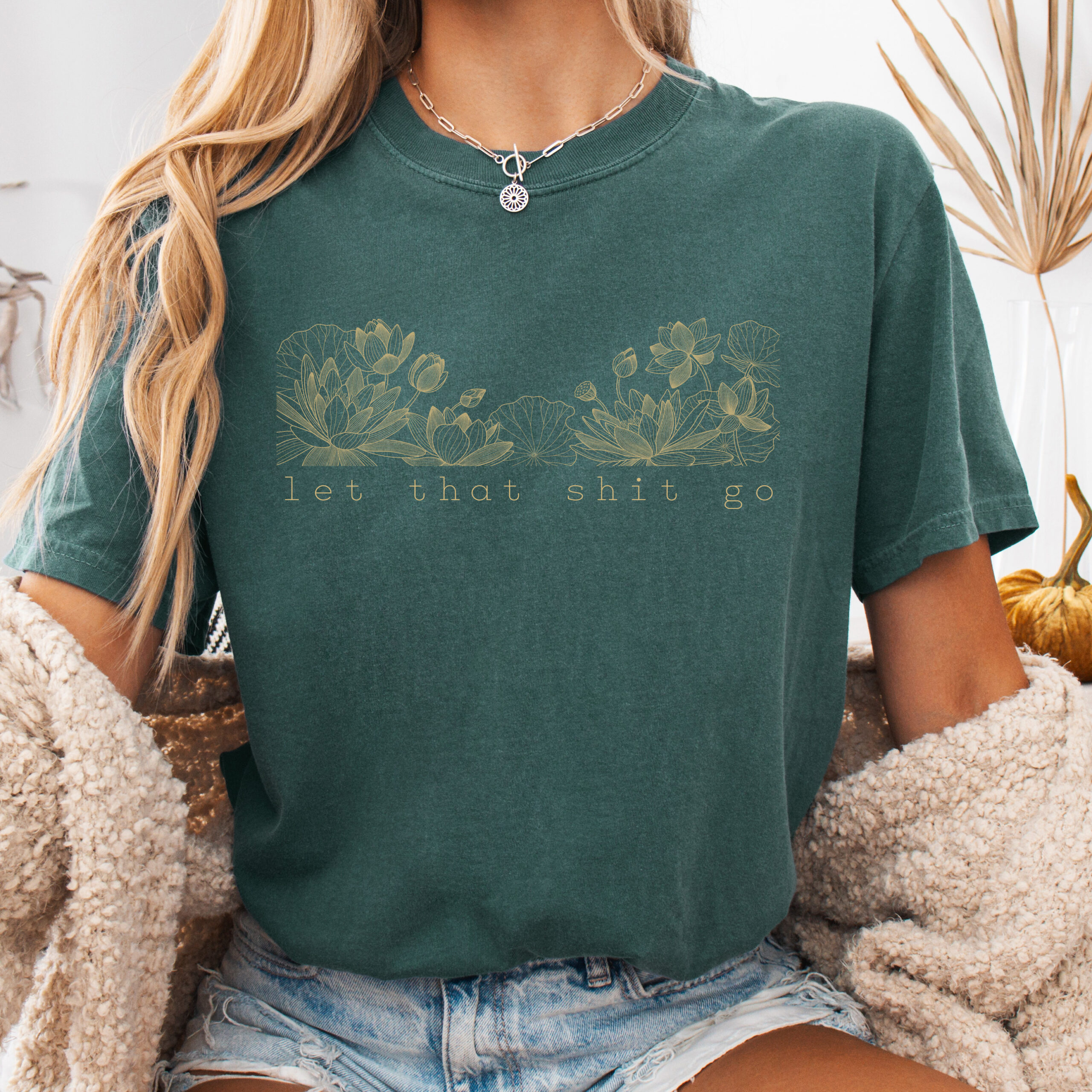 Let That Shit Go Vintage Floral Sketch T-Shirt | Botanical Line Art, Lotus - Image 2