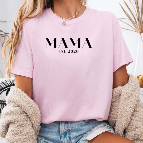 Mama Est. 2026| Minimal Chest Print tee, Natural Colors, Mom Gift